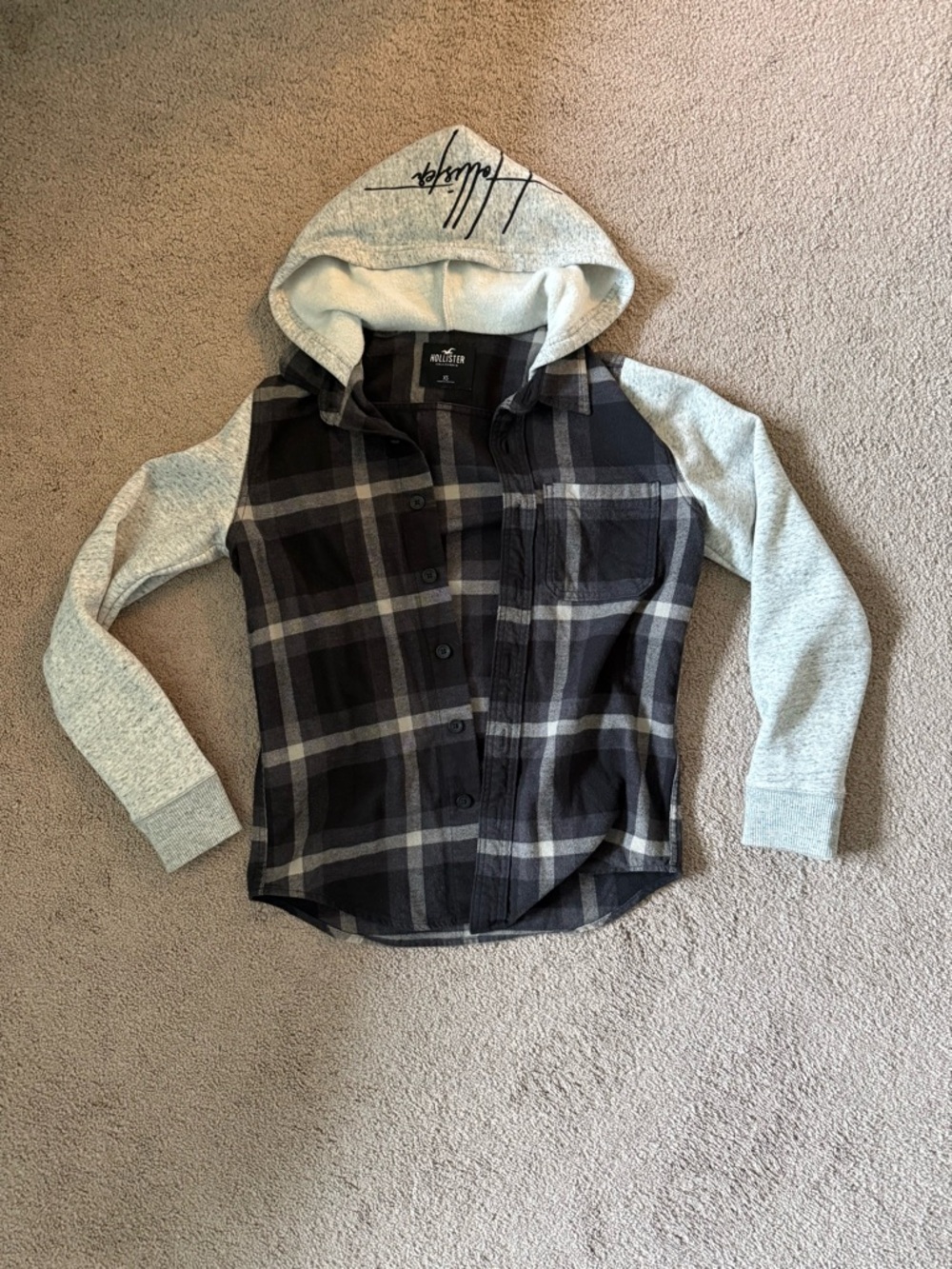 Hollister Gray Plaid Hooded Button-Up Shirt